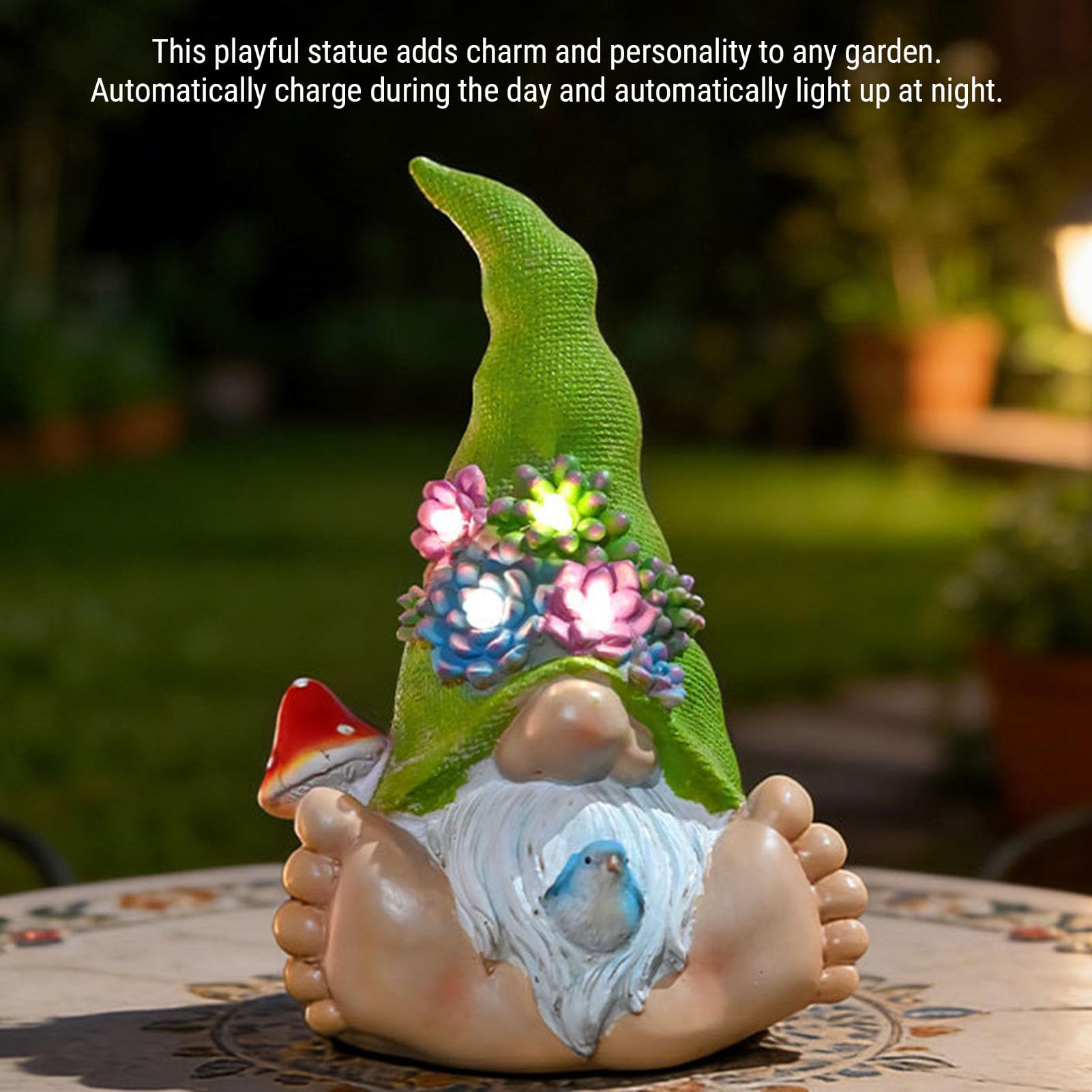 EMUKOEP Statua da Giardino Gnomo Solare con Fiori Succulenti a LED, (A)