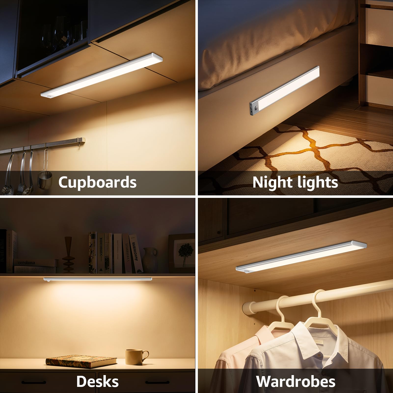 Klighten 2 Piezas Luz de Armario 40CM Recargable USB, Led Cocina Bajo mueble con Sensor Movimiento, 3 Modos, Luces Armario Adhesiva Magnetica Pilas, 73 LEDs, Blanco Cálido 3000K, 2200mah, Plata