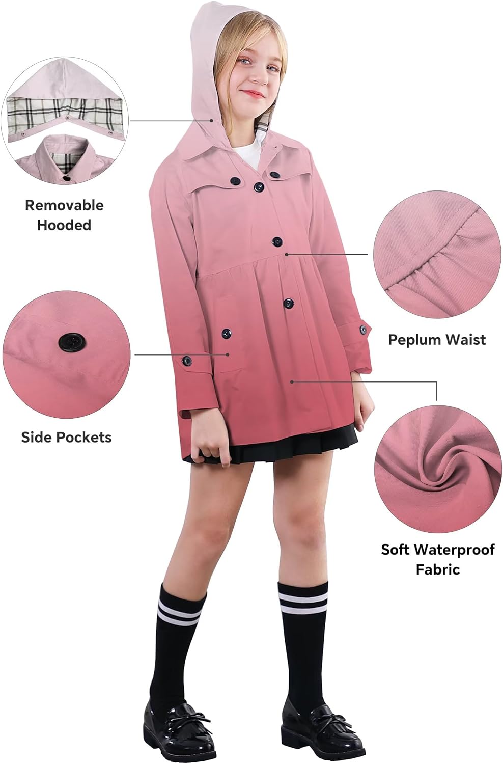 SANGTREE Girl's Waterproof Trench Coat Hooded Lightweight Windbreaker Rain Jackets
