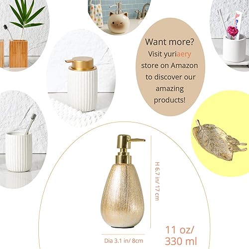 Miniatura 3 de Dispensador de jabón de cerámica de oro cepillado, bomba de jabón de manos recargable de 11 onzas y desinfectante, diseño texturizado 3D para