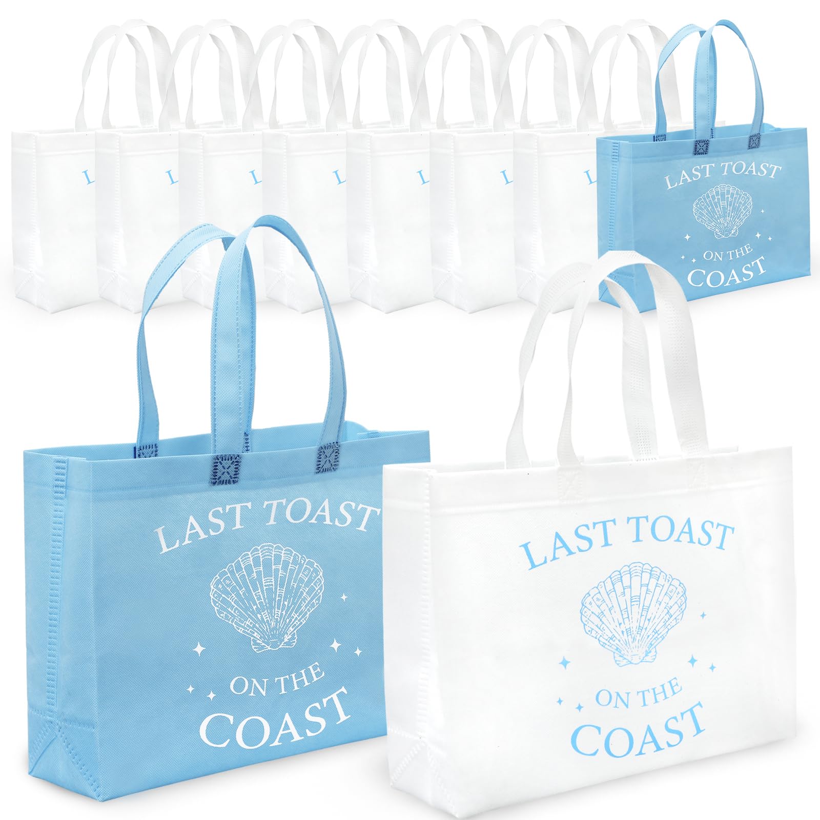 FYSUIMU 8Pcs Last Toast on The Coast Non-Woven Bags with Handles Reusable Blue White Shell Tote Goodie Bags for Beach Bachelorette Bridal Shower Party