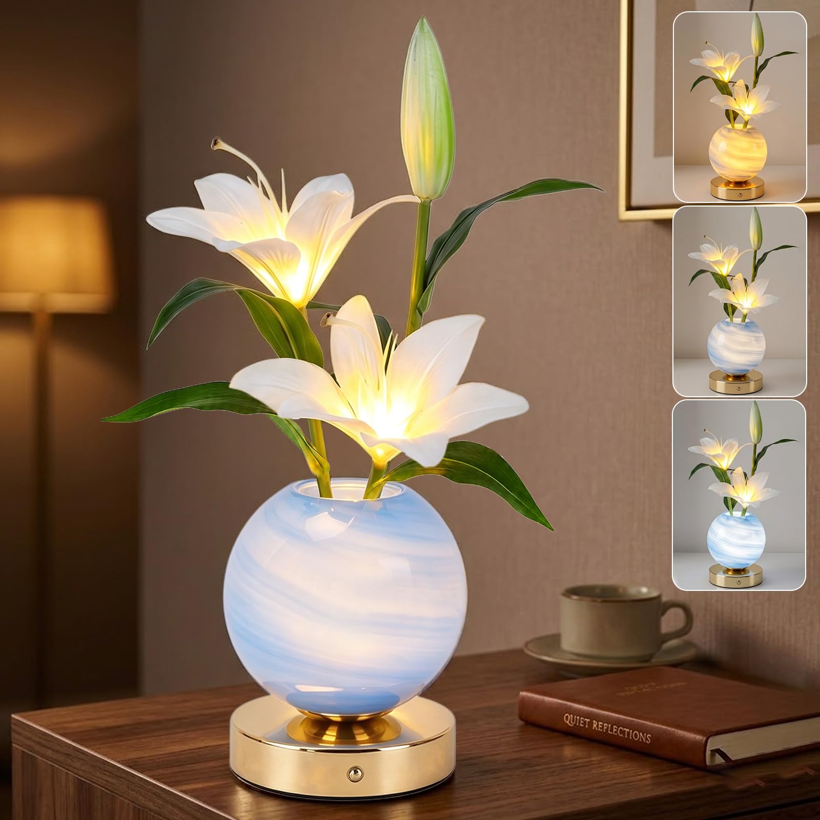 BVI BOOMERVIVI Lily Table Lamp, 3 Color Planet Night Light, Rechargeable Cordless Touch Dimming Artificial Flower Light, LED Flower Bedside Lamp Romantic Gifts for Girl Women Mom (White Lily)