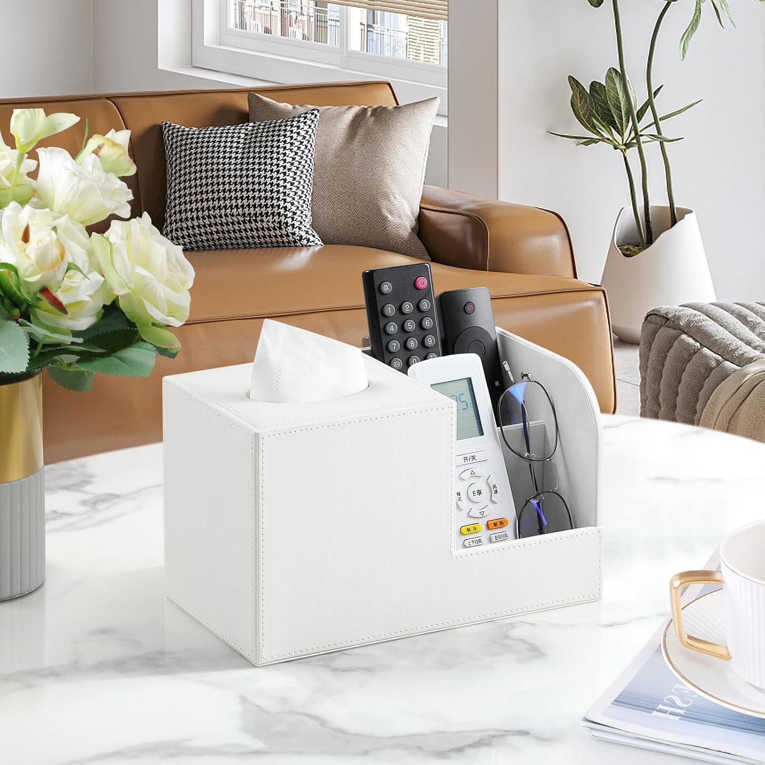 PU Leather Tissue Box Cover with Remote Control Holder, Square Tissue Box Holder for Living Room Bathroom Office (Cream-White)