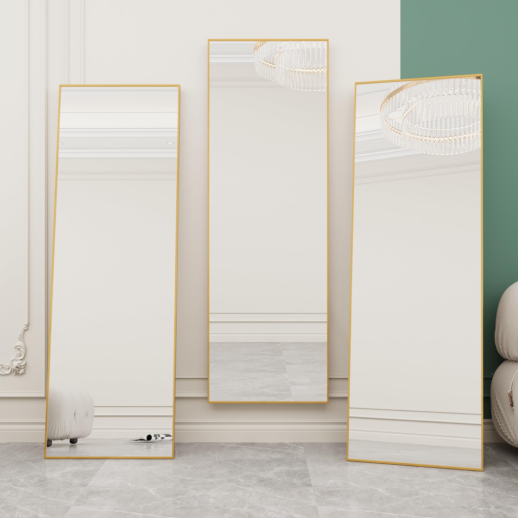 Specchio da Parete Lungo, Specchio da Terra Appendere con Cornice in Lega di Alluminio e Ganci Specchio a Figura Intera, Per Camera da Letto e Soggiorno(oro, rettangolo 162 x 53 cm)