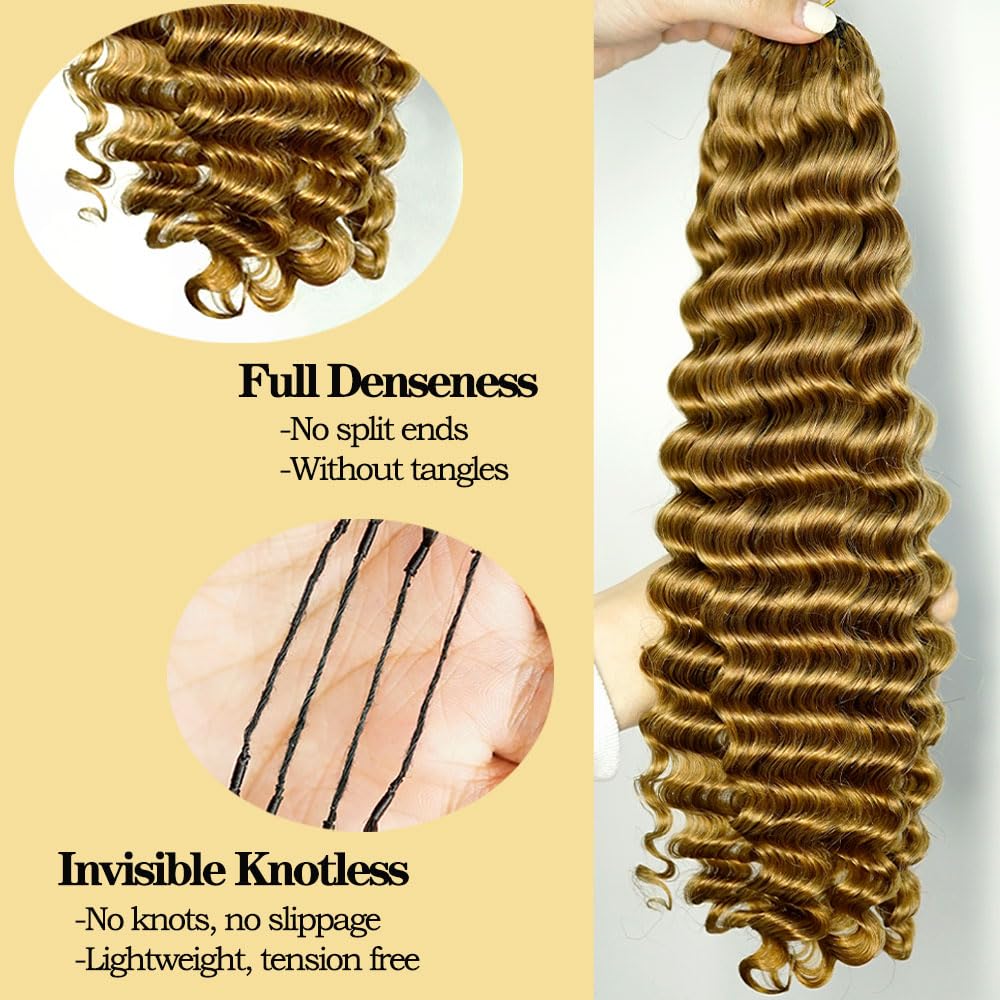Pre-Separated Feather Blonde Hair Extensions Fullness Deep Wave Curly Crochet Hair For Braiding Micro Twist Reusable Honey Blonde Feather Crochet Human Hair Bundles with Knotless Strings 120g 18inch