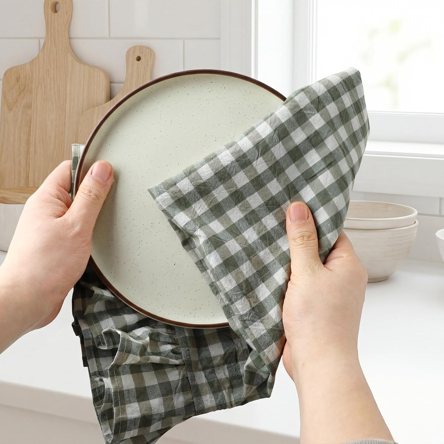 HunnmingRe Sage Green Kitchen Towels Set of 2, 100% Cotton Ruffled Gingham Dish Towels 18"x28" Tea Cloths Classic Plaid Pattern for Farmhouse Charm, Drying Dishes, Entertaining Guests