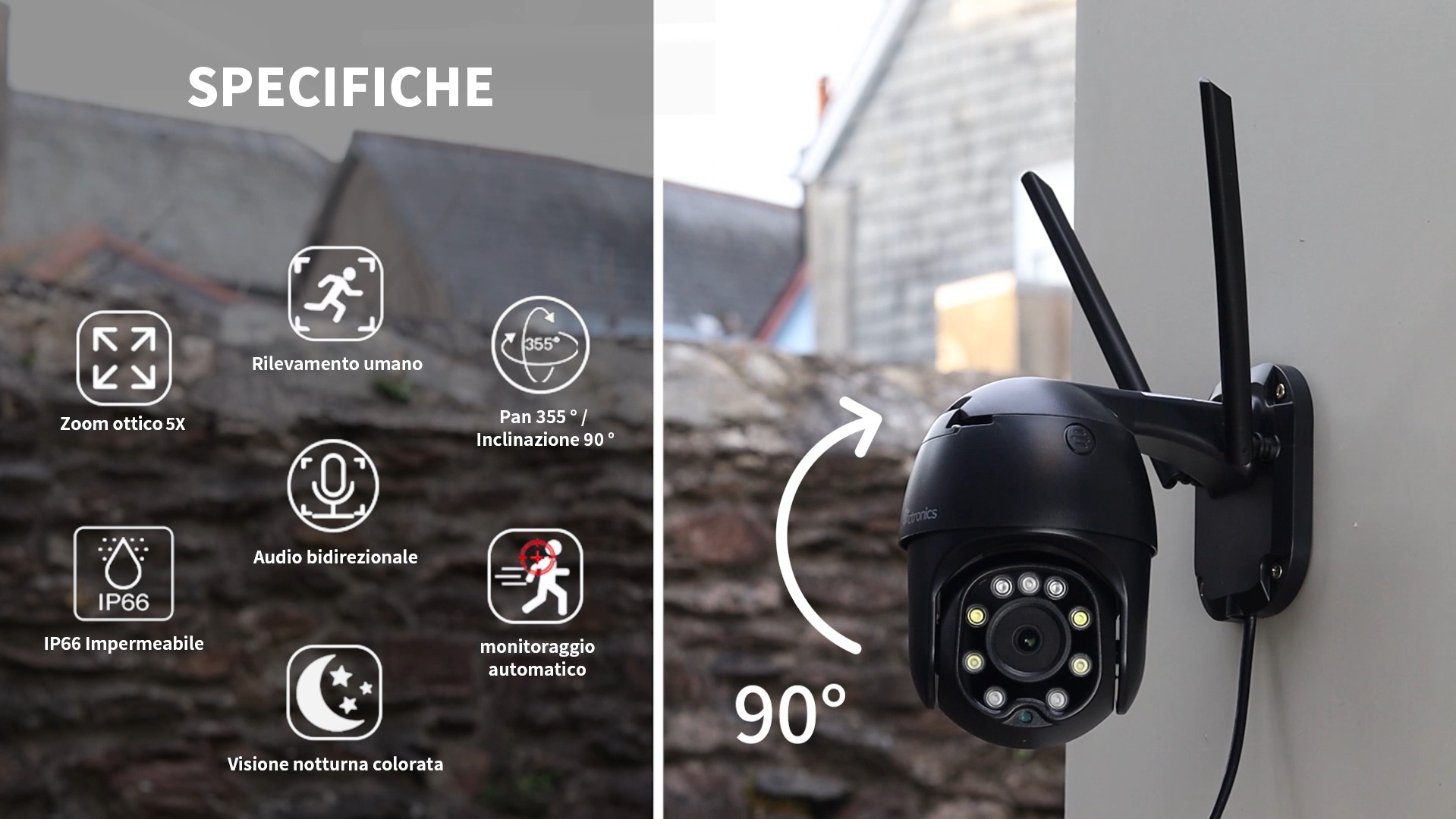 5X Zoo Ottico]Telecaera Wi-Fi Esterno 2K Con Visione Notturna a