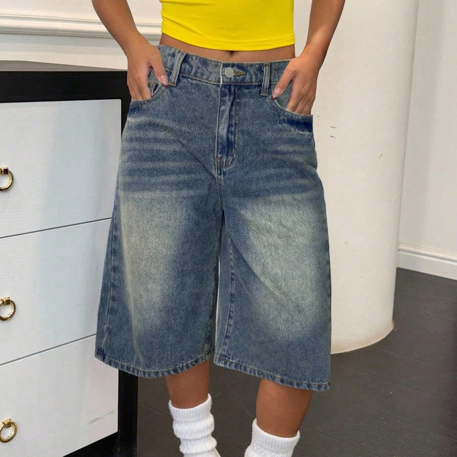 Short en jean baggy pour fille - Coupe ample - Coupe ample - Short en jean - Short de plein air - Short de loisirs