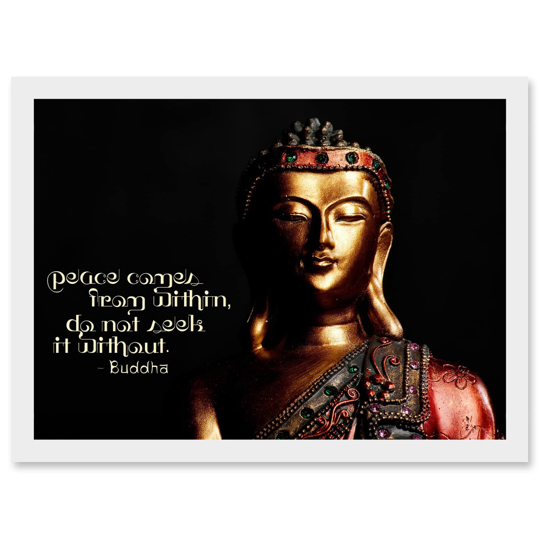 Artery8 Peace Comes From Within Buddha Statue Uplifting Quote Artwork Framed Wall Art Print A4