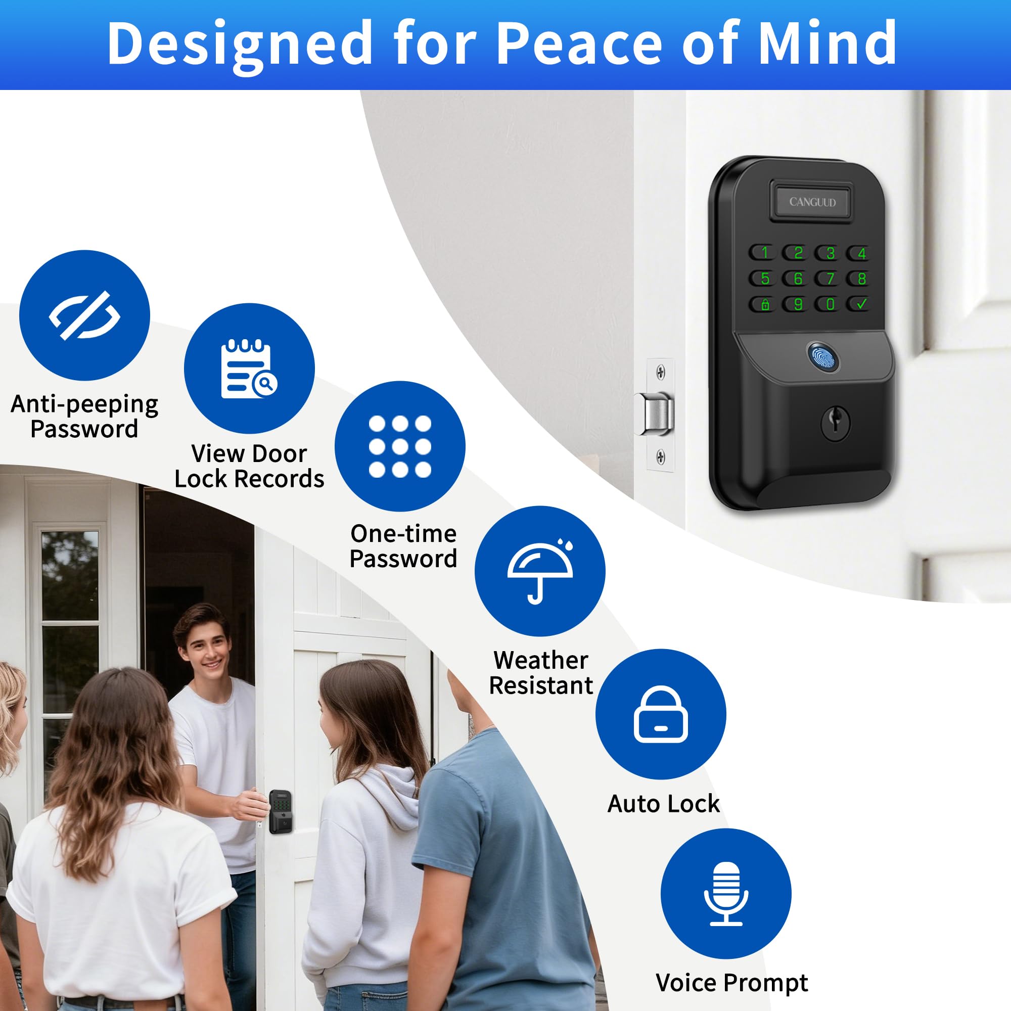 Cerradura electrónica de puerta de entrada sin llave, cerradura inteligente con teclado para puerta delantera con control de huellas dactilares y aplicación, cerrojo funciona con Smart Life