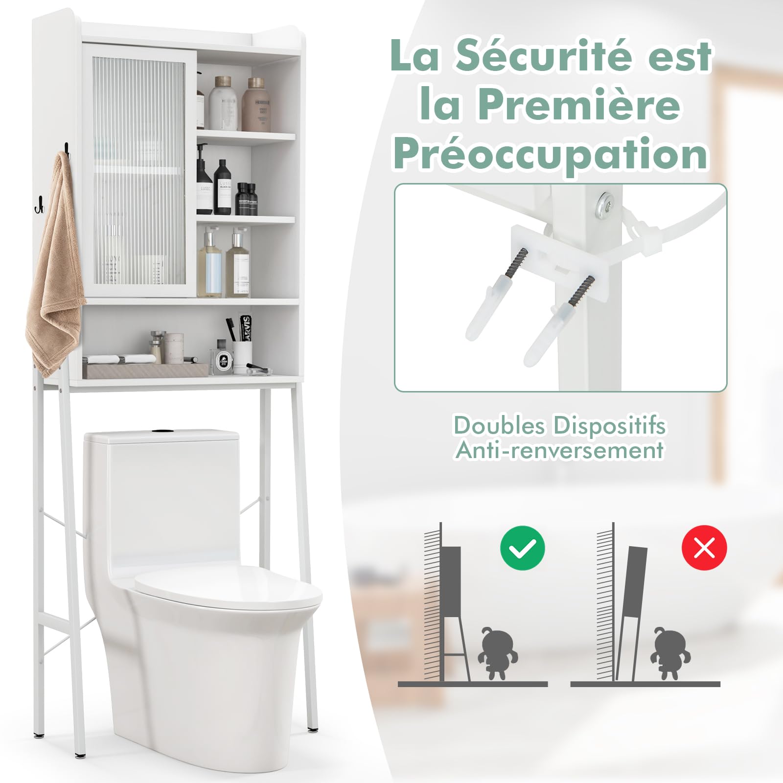GOPLUS Meuble WC au-Dessus de Toilettes, Porte Coulissante en Acrylique, Étagères Crochets Réglables, Cadre en Métal, Meuble Rangement au Machine à Laver, 63x29x170cm (Blanc)