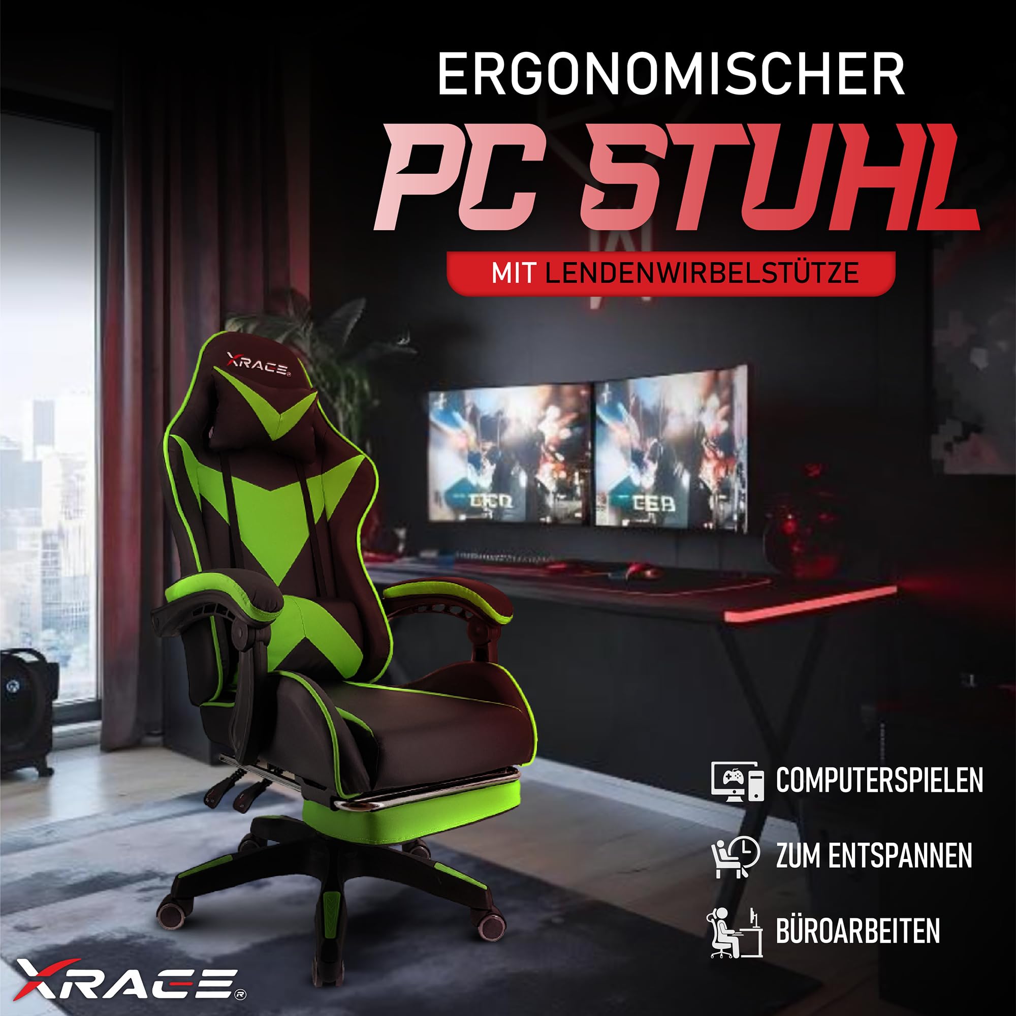 xRace Gaming Stuhl, ergonomischer Bürostuhl, PU-Leder, Lendenstütze Grün | Ergonomischer PC Stuhl mit Kopfstütze, Lendenkissen und pflegeleichtem Kunstlederbezug, höhenverstellbar und drehbar