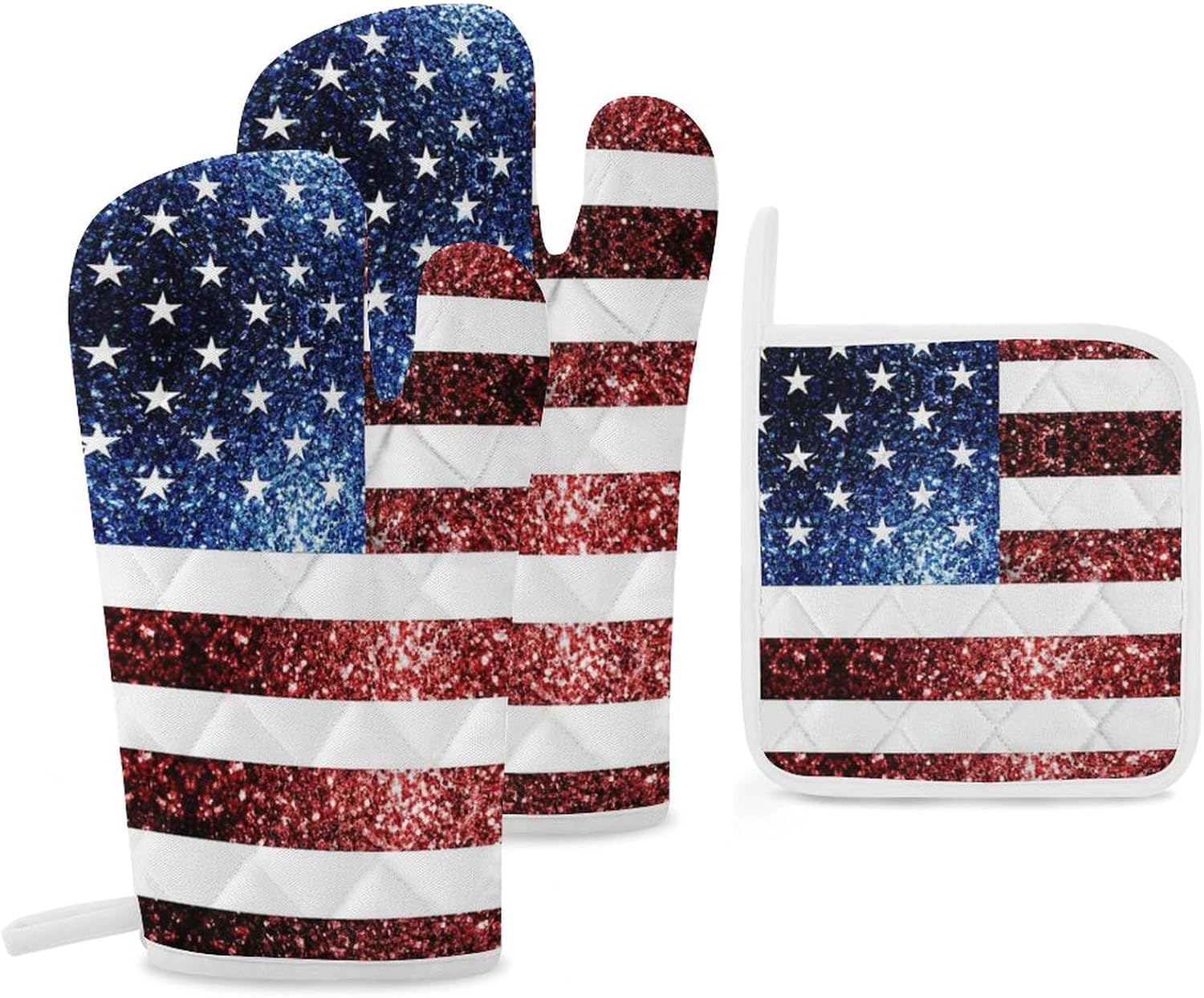U.S.A. Flag Red Blue Sparkles Glitters Print Oven Mitts and Pot Holders 3 Piece Sets Heat Resistant Gloves Hot Pads Potholders for Kitchen Baking Cooking