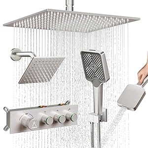 JQBQS Shower System Brass Thermostatic Shower Faucet Set With Valve and Diverter Shower Mixer With Rain Head and Handheld High Pressure Square Rainfall