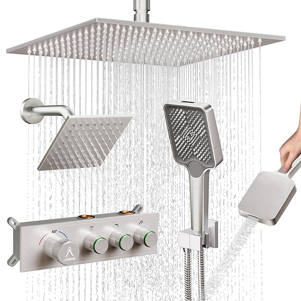JQBQS Shower System Brass Thermostatic Shower Faucet Set With Valve and Diverter Shower Mixer With Rain Head and Handheld High Pressure Square Rainfall