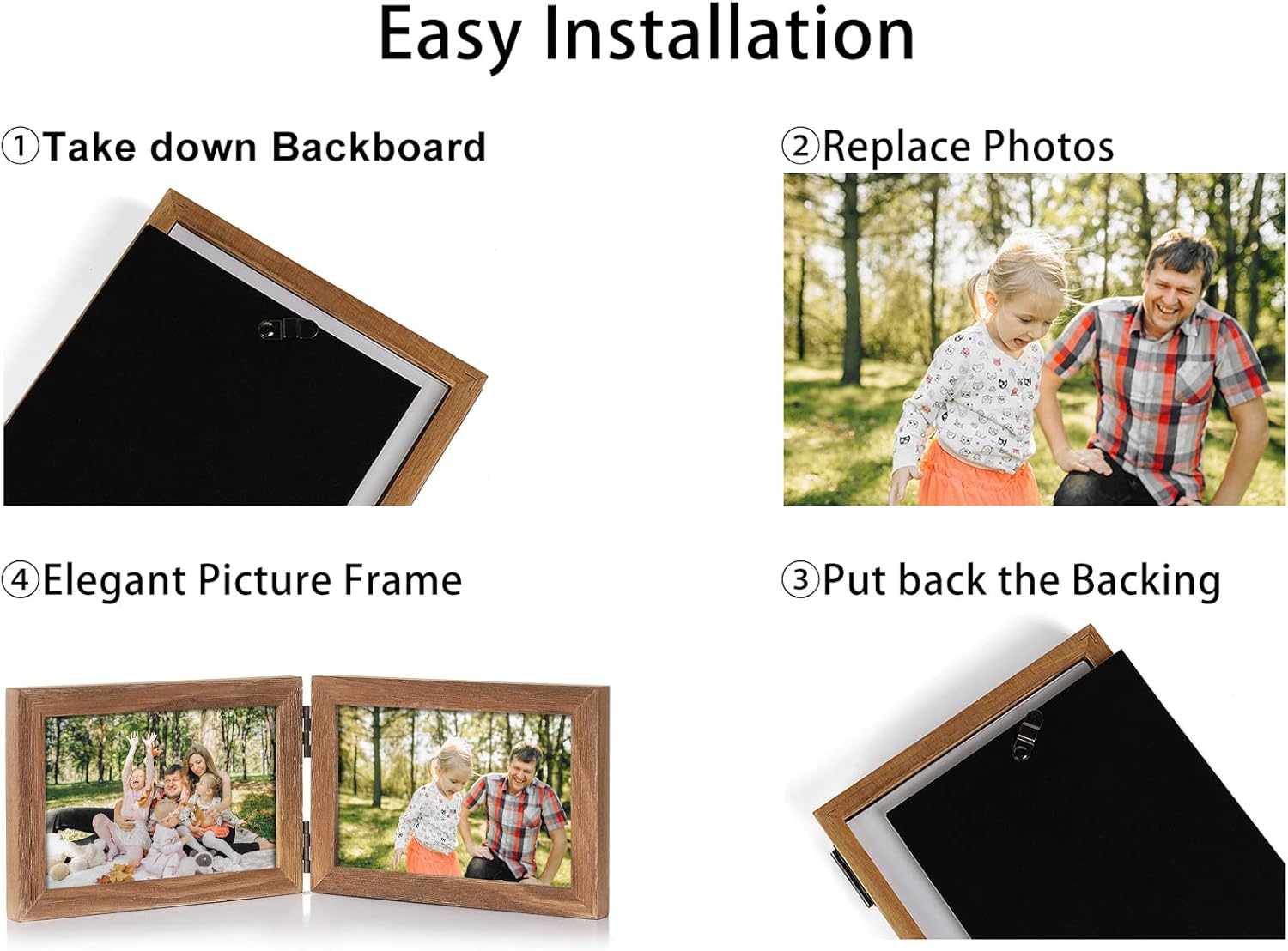 5X7 Double Wooden Hinged Picture Frame Vertical and Horizontal in Distressed Farmhouse Wood Grain, Display 4x6 with Mat or 5x7 without Mat, Folding Photo Frame with Real Glass Front for