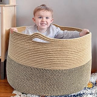 Goodpick Extra Large Storage Basket, 23.6 x 14.2 inches, Woven Laundry Basket for Clothes, Large Wicker Basket for Organizing Pillow Basket for Blankets in Living Room, Jute Plant Tree Basket, 99L