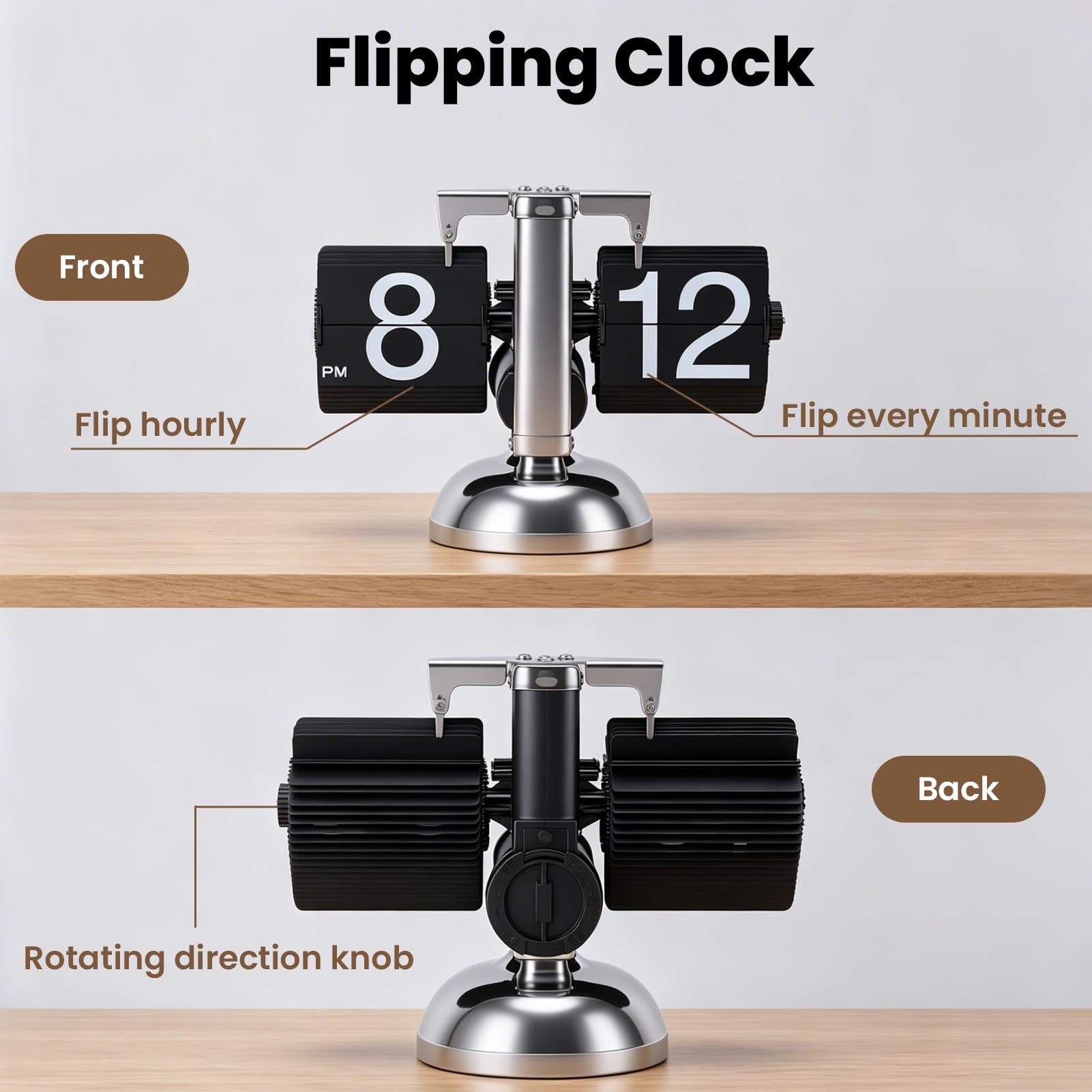 VINGVO Reloj digital retro abatible, reloj de escritorio abatible, funciona con pilas, relojes de tiempo internos que funcionan con engranajes, relojes mecánicos para decoración del hogar, habitación