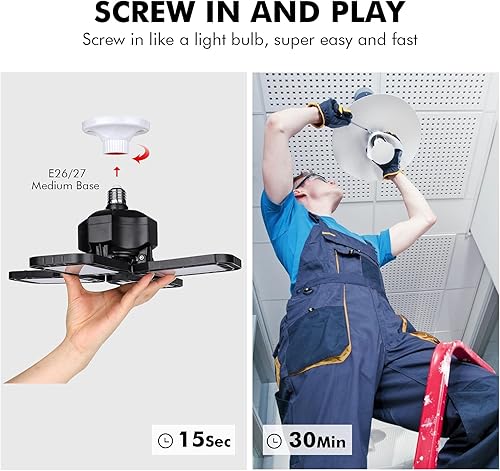 Miniatura 4 de Paquete de 4 luces LED de garaje, luz LED ultra brillante de 120 W con 4 paneles ajustables, base E26/E27 de 12000 lm para garaje, taller, ático,