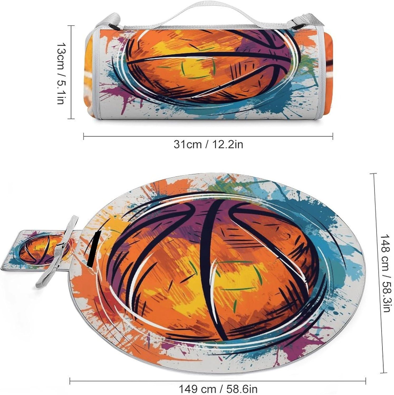 Basketball Colorful Sketch Enjoyment Picnic Blanket Foldable Outdoor Round Blankets Lightweight Beach Mats Portable Waterproof Park Sand Free Mat for Camping Hiking Sports Activities