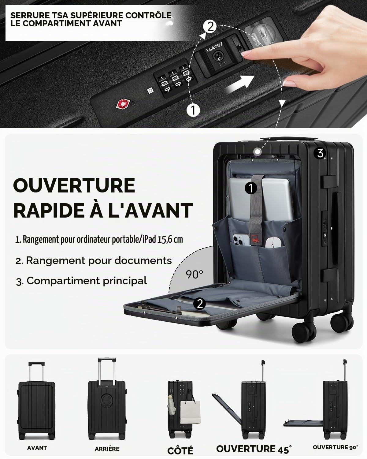 Sea choice Valise Rigide PC Légère avec Compartiment pour Ordinateur Portable Bagage à Main Trolley avec 4 roulettes Doubles Pivotantes et Serrure TSA Chargement USB, Porte-gobelet