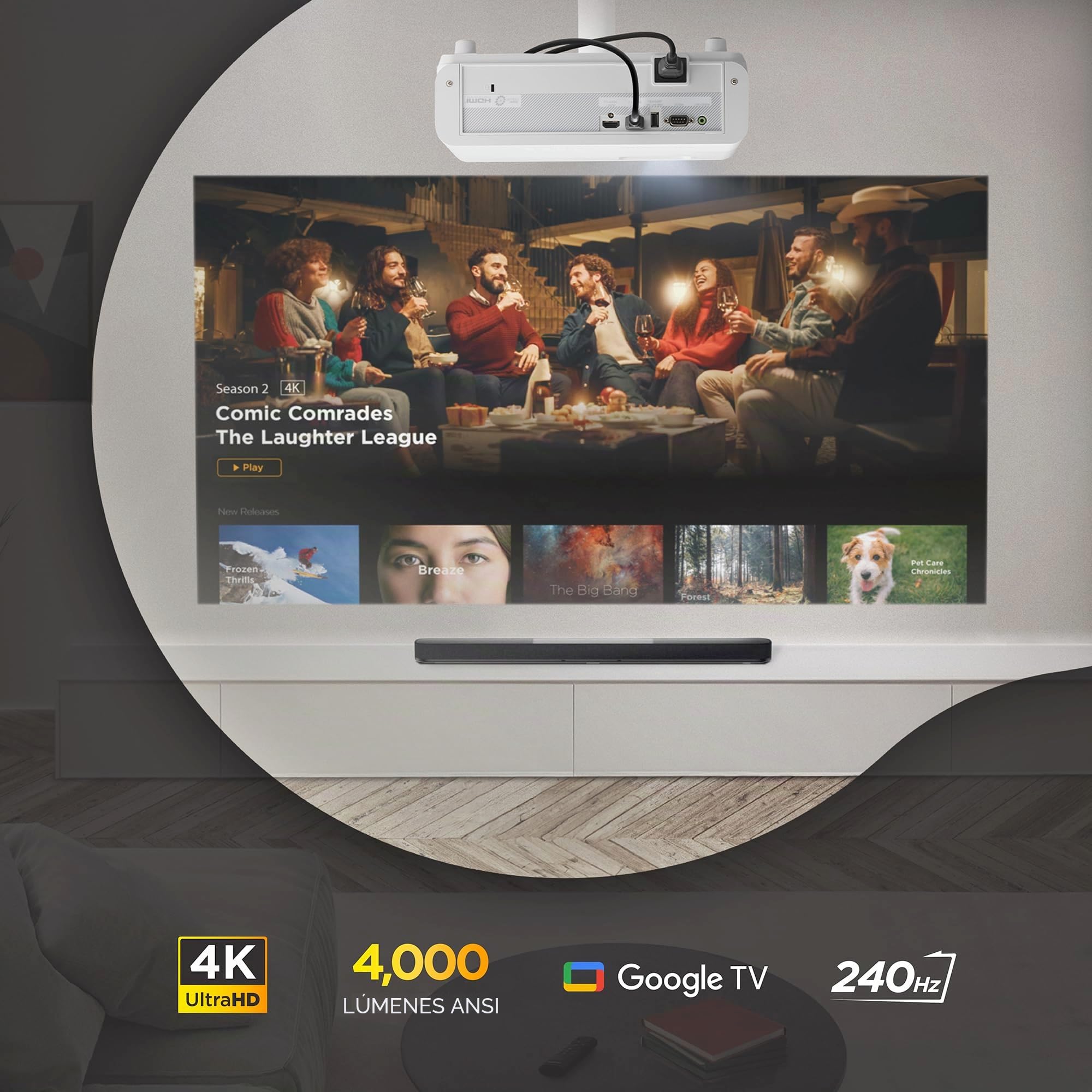 ViewSonic LX750-4K Proyector 4K real con Google TV integrado, 4000 lúmenes ANSI, HDR y HLG, zoom óptico de 1.3X, retardo de entrada de 2.9 ms, Keystone automático H/V, proyector láser para cine en