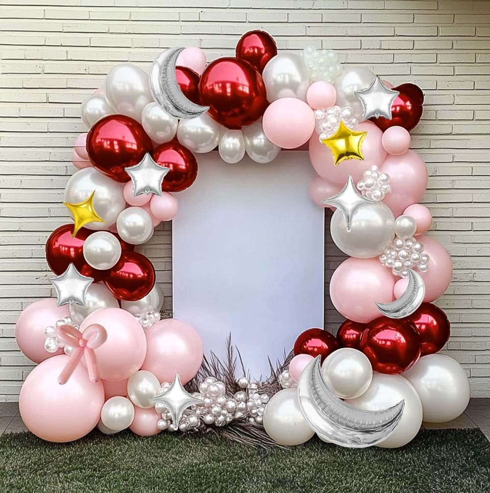 Red Pink White Balloons Double Stuffed Light Pink Balloon Garland White Burgundy Balloon Pearl Arch Kit Different Sizes For Wedding Bridal Baby Shower Birthday Girl's Party Decoration