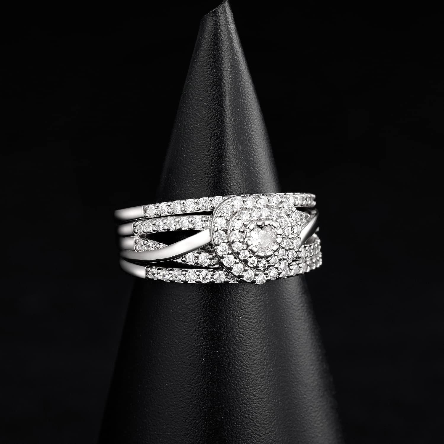 MDFUN 18K White Gold Plated Engagement Ring for Women Three-in-One Stackable Rings Dainty Halo Cubic Zirconia Wedding Promise Eternity Jewelry Size 5-10