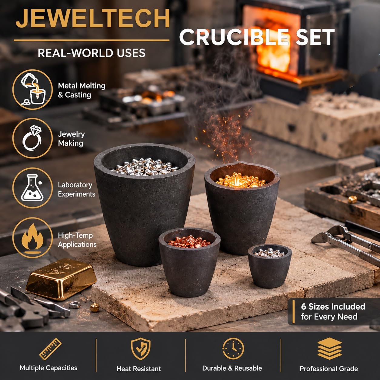 Jeweltech Clay Graphite Crucible Set – 6 Pcs (50g to 1Kg) for Melting & Casting Gold, Silver, Copper, Brass, Aluminium & Other Metals – Durable Furnace Crucibles 3