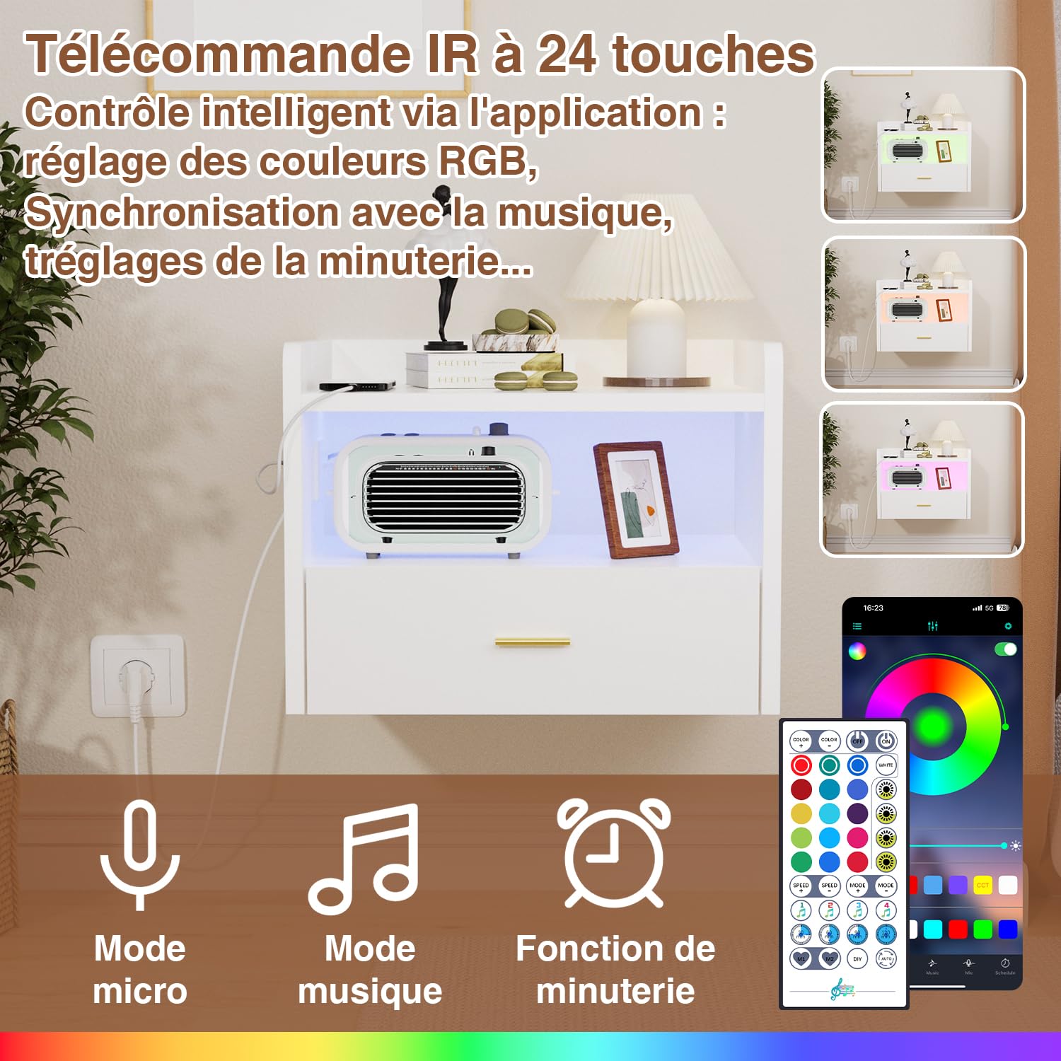 Table de Chevet Lot de 2 Suspendue avec éclairage LED RGB et 1 Prise Secteur/2 Ports USB, Table de Nuit Suspendue avec 1 Tiroir et 2 étagères Ouvertes, 40 x 30 x 30 cm, Convient aux Chambres(Blanc)