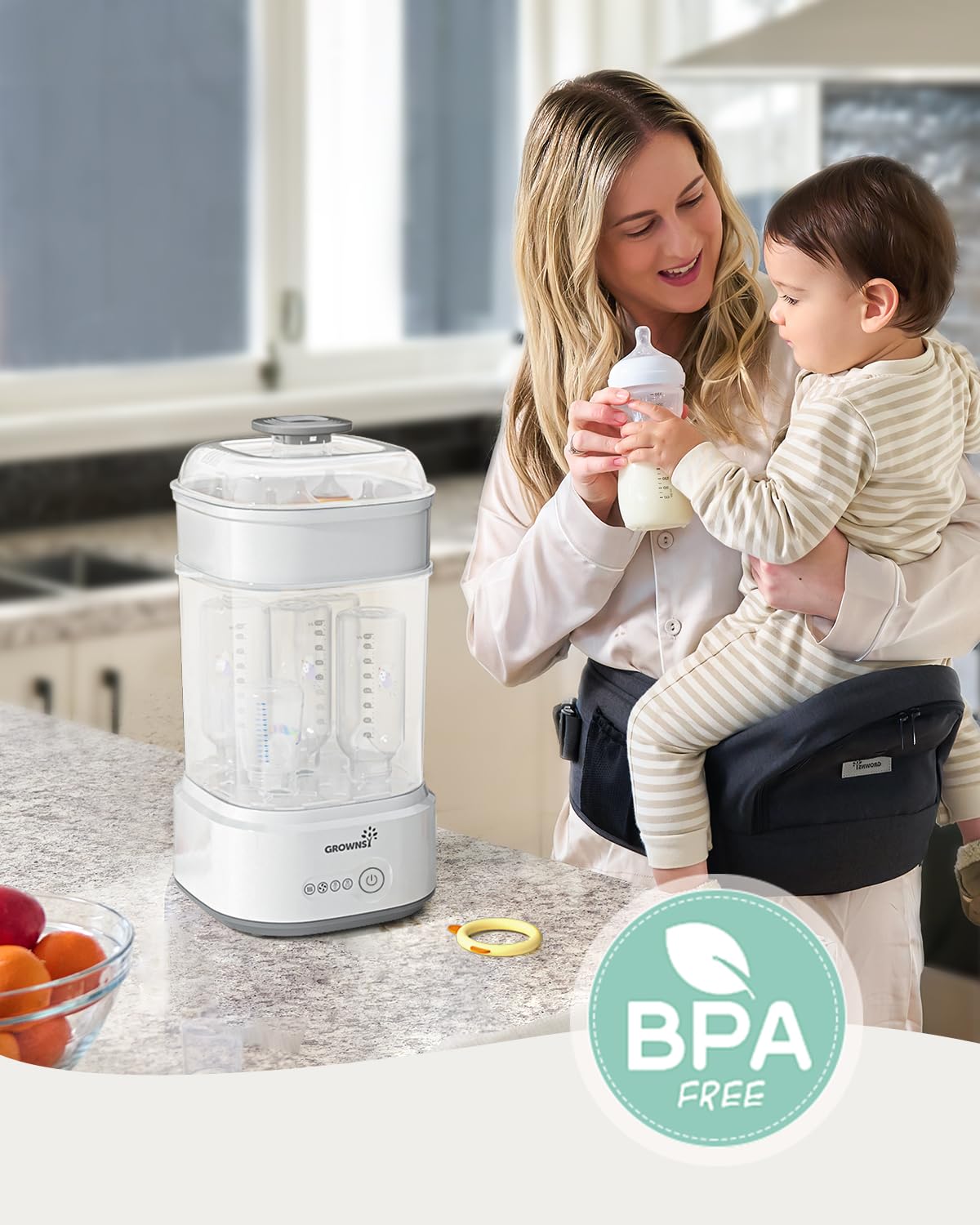 Grownsy Stérilisateur Biberon avec Séchage, Stérilisateur Électrique à Vapeur Compact pour Biberons, Tétines, Pièces de Tire-lait