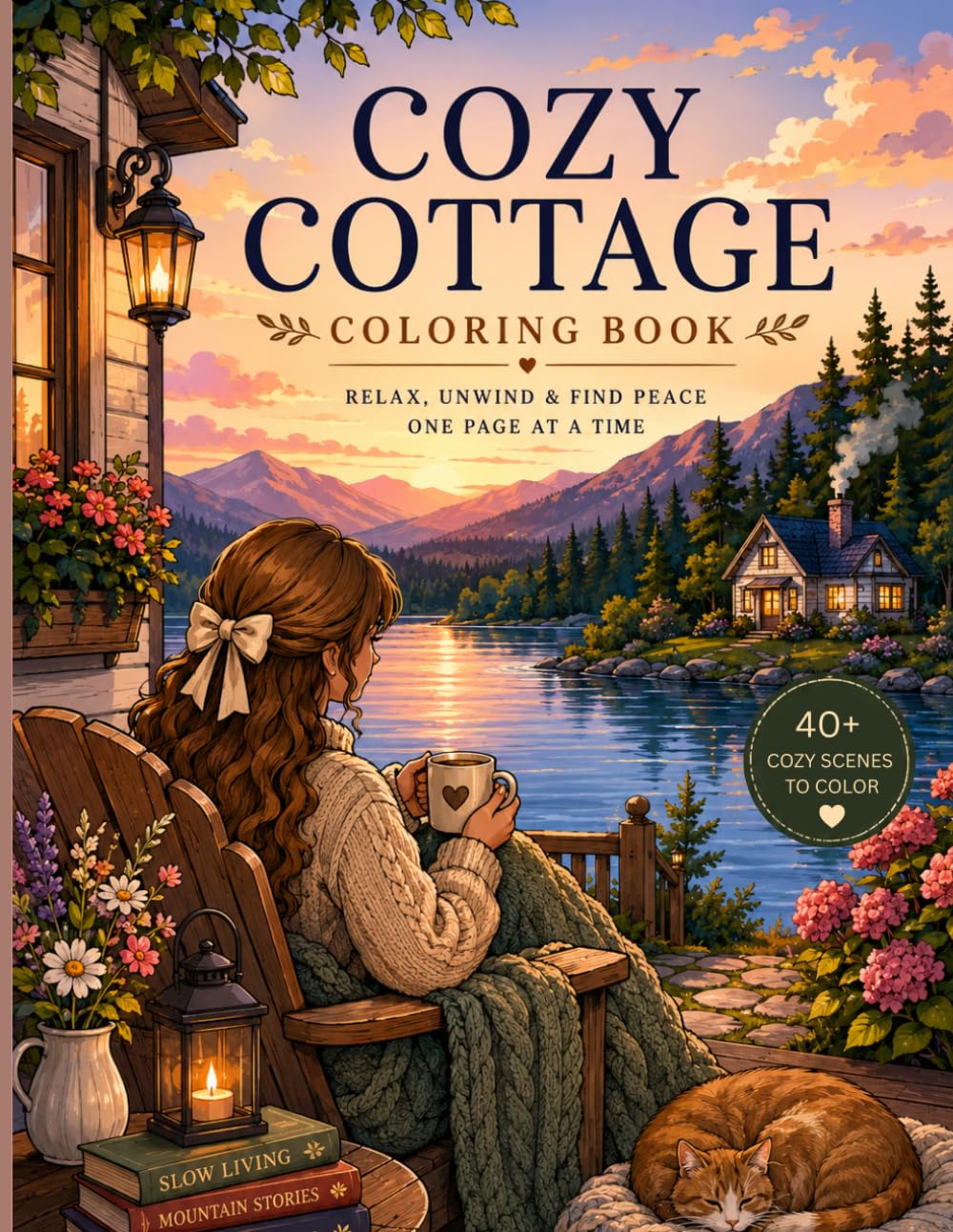 Cozy Cabin Coloring Book: Bold & Easy Adult Coloring Book Featuring 40+ Cozy Cabin, Lake & Forest Designs for Stress Relief, Relaxation & Mindful Coloring
