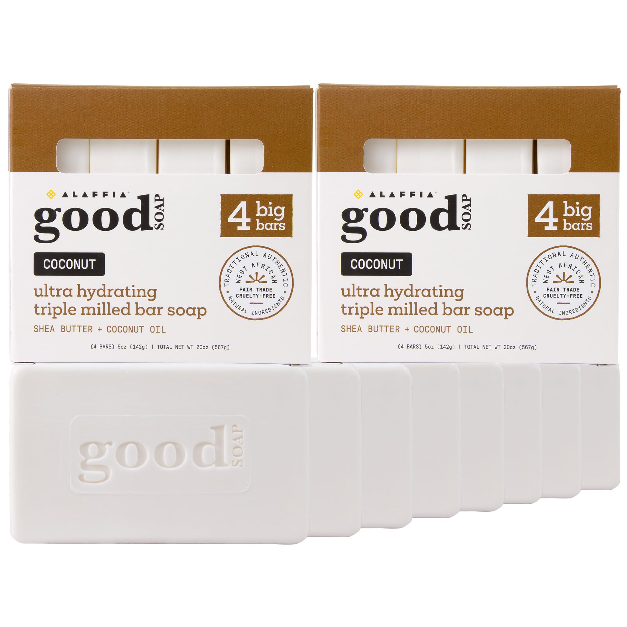 Alaffia Good Soap Coconut 2-Pack 8 Bars Long-Lasting Triple-Milled with Fair Trade Shea Butter
