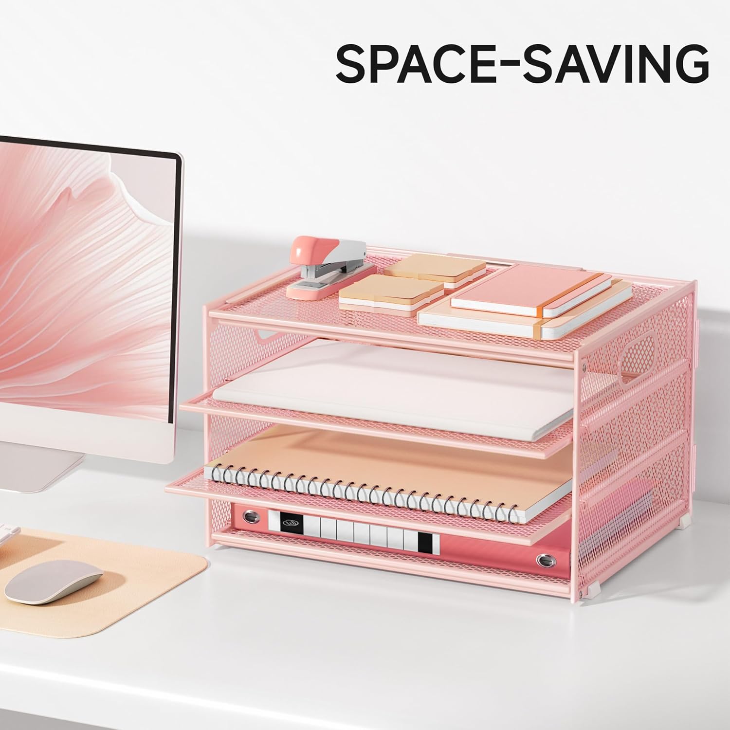 Lavatino 3-Tier Letter Tray Desk Organizer, Mesh Metal Paper File Tray Organizer for Desk, Office Supplies & Home Organization, Fits A4 Paper, Mail, Magazines & Office Accessories (Pink with Handle) - Image 2