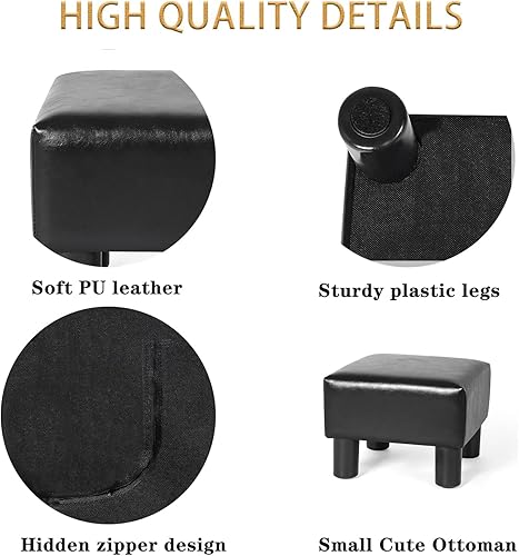 Miniatura 6 de Adeco Reposapiés otomano cuadrado negro pequeño de 13 pulgadas, de piel sintética, moderno, suave, acolchado, taburete pequeño para sala de estar,