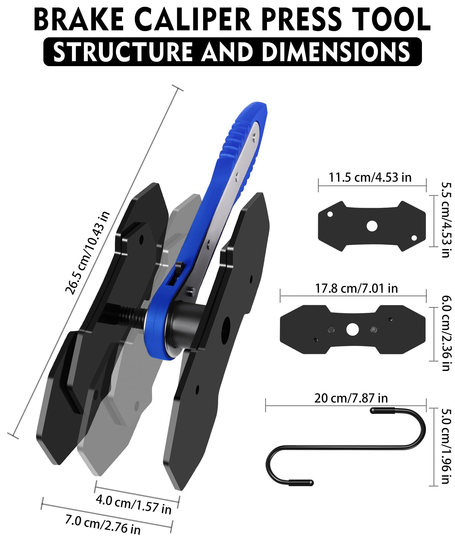 Outil de compression pour étrier de frein, interrupteur à cliquet pivotant à 360° avec 2 grandes plaques en acier supplémentaires et 2 crochets et poignée en nylon, gants de travail pour