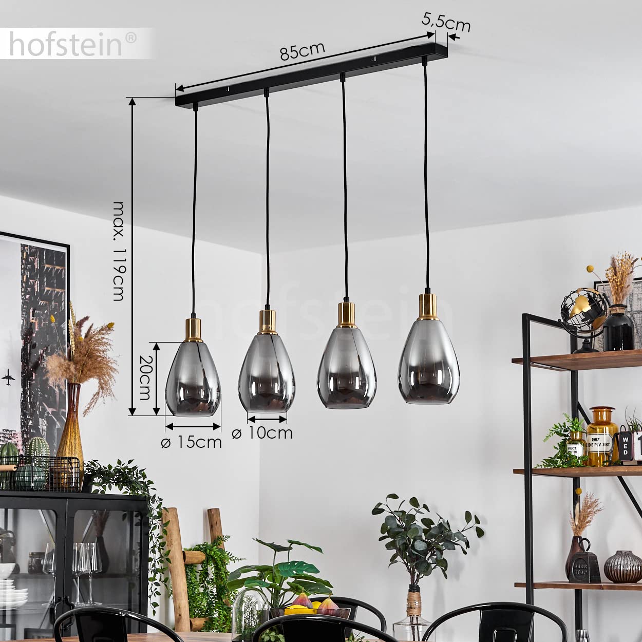 Lampa wisząca Lincura, lampa wisząca z metalu/szkła w kolorach czarnym/mosiężnym/dymnym, lampa/retro z kloszami z przydymionego szkła, 4 płomienie, wysokość maks. 119cm, E27, bez żarówek