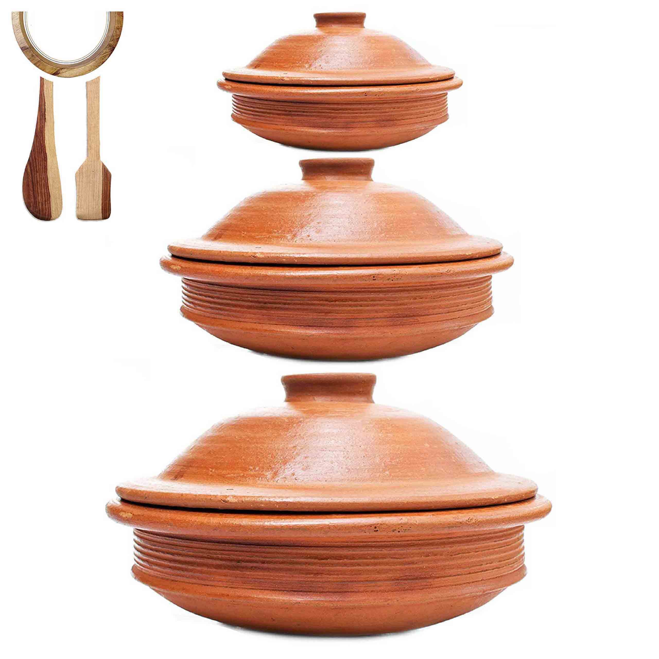 Ecocraft India Online Clay Cooking Pot Set With Lid (1, 2, 3 Liters) Red