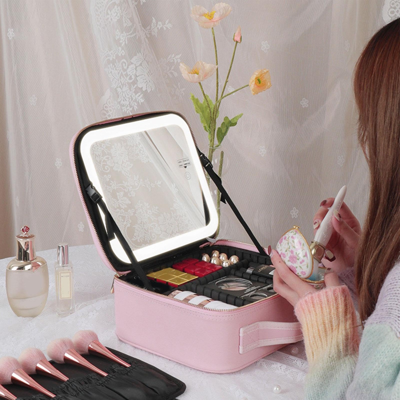Astuccio per il trucco con specchio | Astuccio per il trucco | illuminato a LED a 3 colori | Borsa organizer da viaggio in pelle PU, regalo di compleanno borsa per il trucco