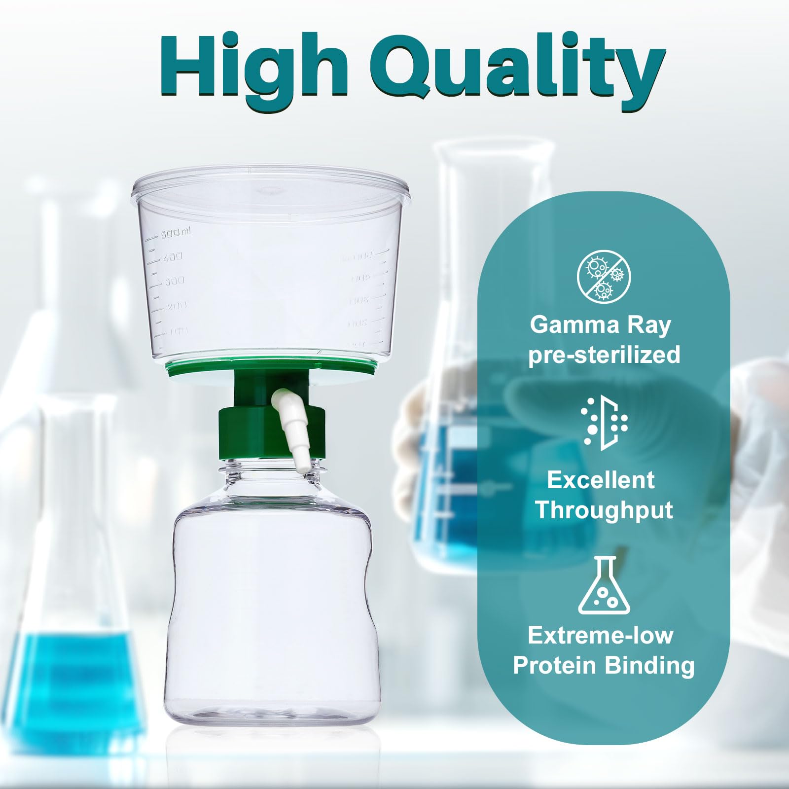 Sistema de filtración al vacío de 500 ml, unidades de filtro estéril desechables con membrana CA, tamaño de poro 0,22 μm, diámetro de 90 mm, para laboratorio y química, con escala, envasado