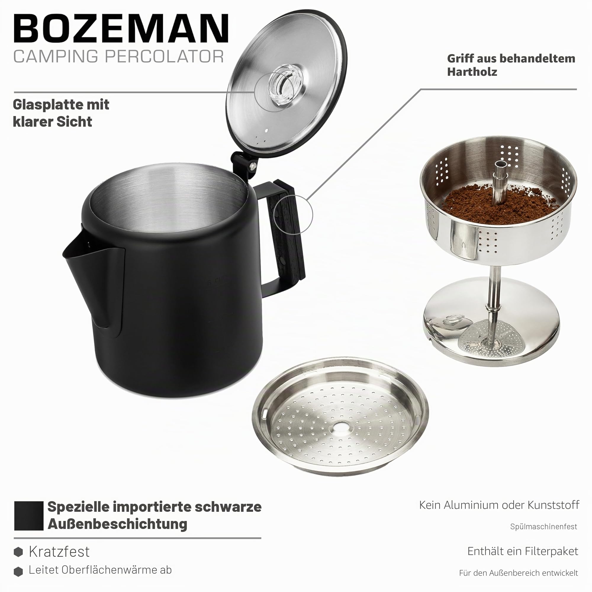 Coletti Schwarze Bozeman Perkolator-Kaffeekanne – Kaffeemaschinen für den Herd, die eleganteste Edelstahl-Kaffeekanne fürs Camping – KEIN Aluminium oder Kunststoff (6 Tassen)