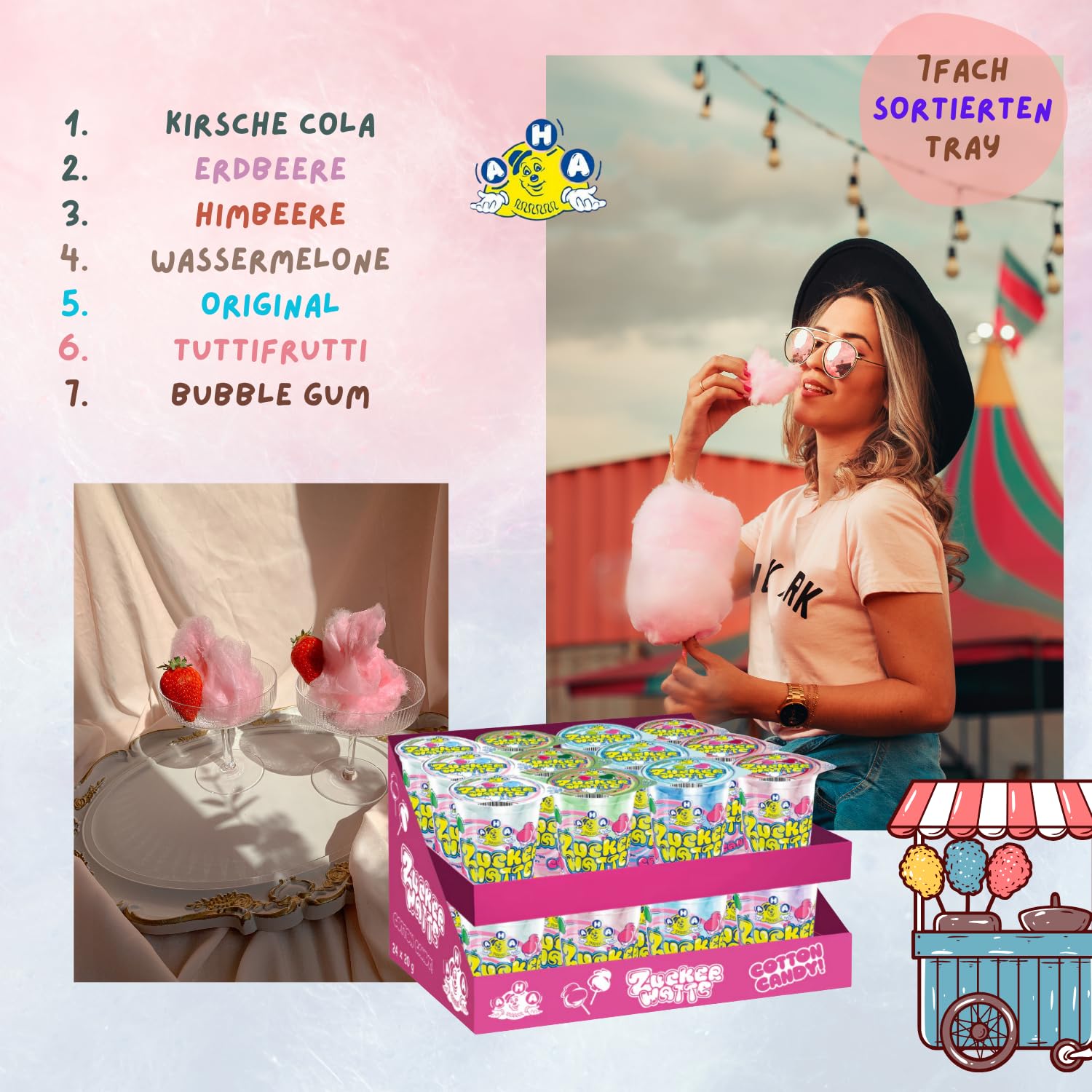 AHA Algodón de azúcar 7 colores 72 x 20 g en vaso, calidad premium, 7 sabores como en la feria para fiestas, casa, jardín, fiesta