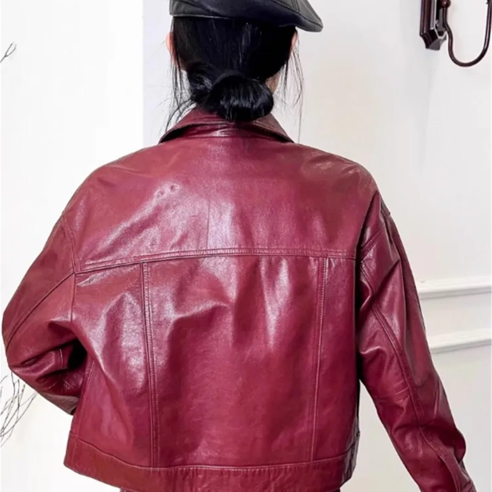 Chaqueta Cuero Mujer Chaqueta de cuero genuino estilo motociclista for mujer, un solo pecho, holgada, con protección contra el aceite y la cera Para salir