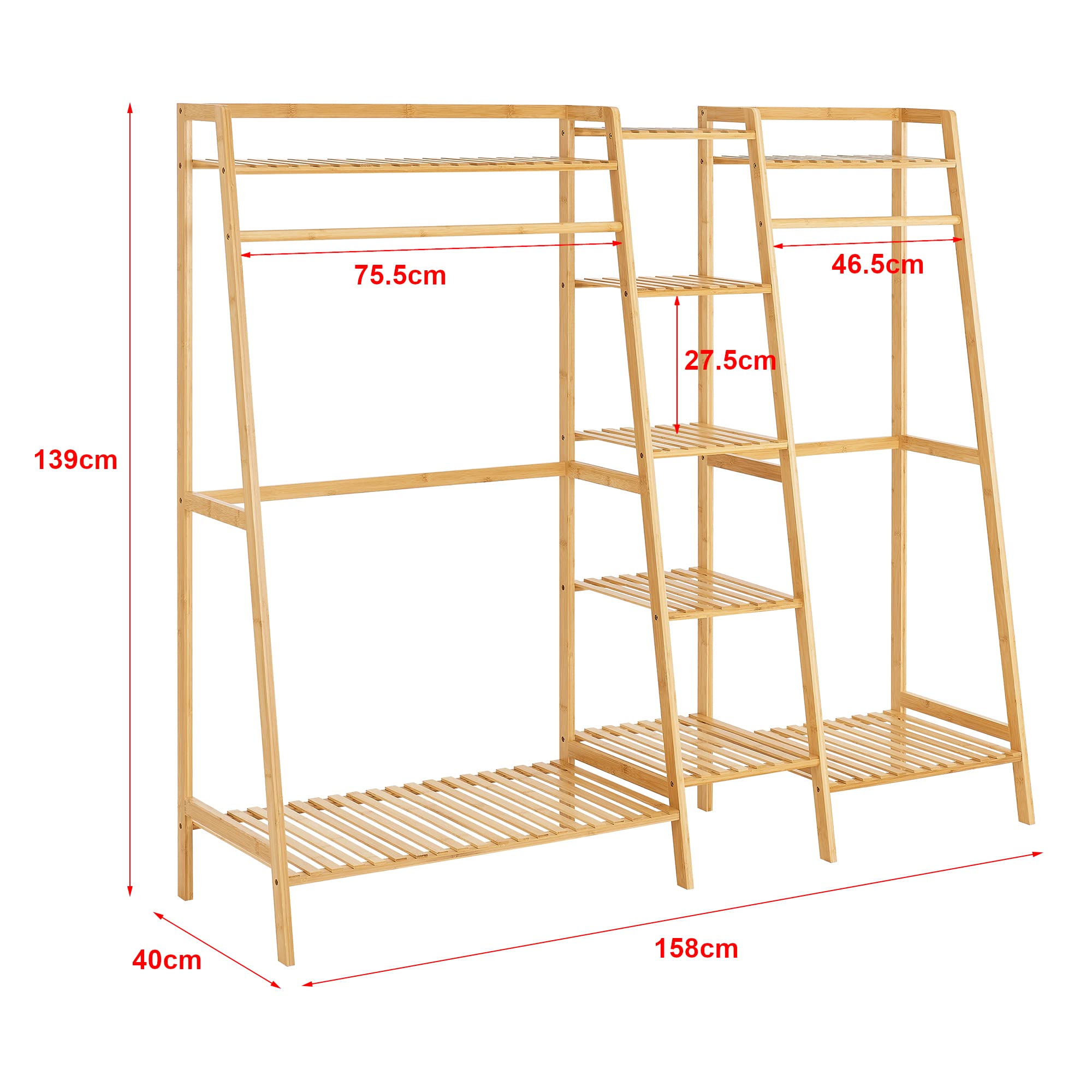 [en.casa] Perchero Burro Sogndal con 2 Barras 9 Estantes Armario para Ropa Clóset Oficina Dormitorio Bambú 139 x 158 x 40 cm - Natural