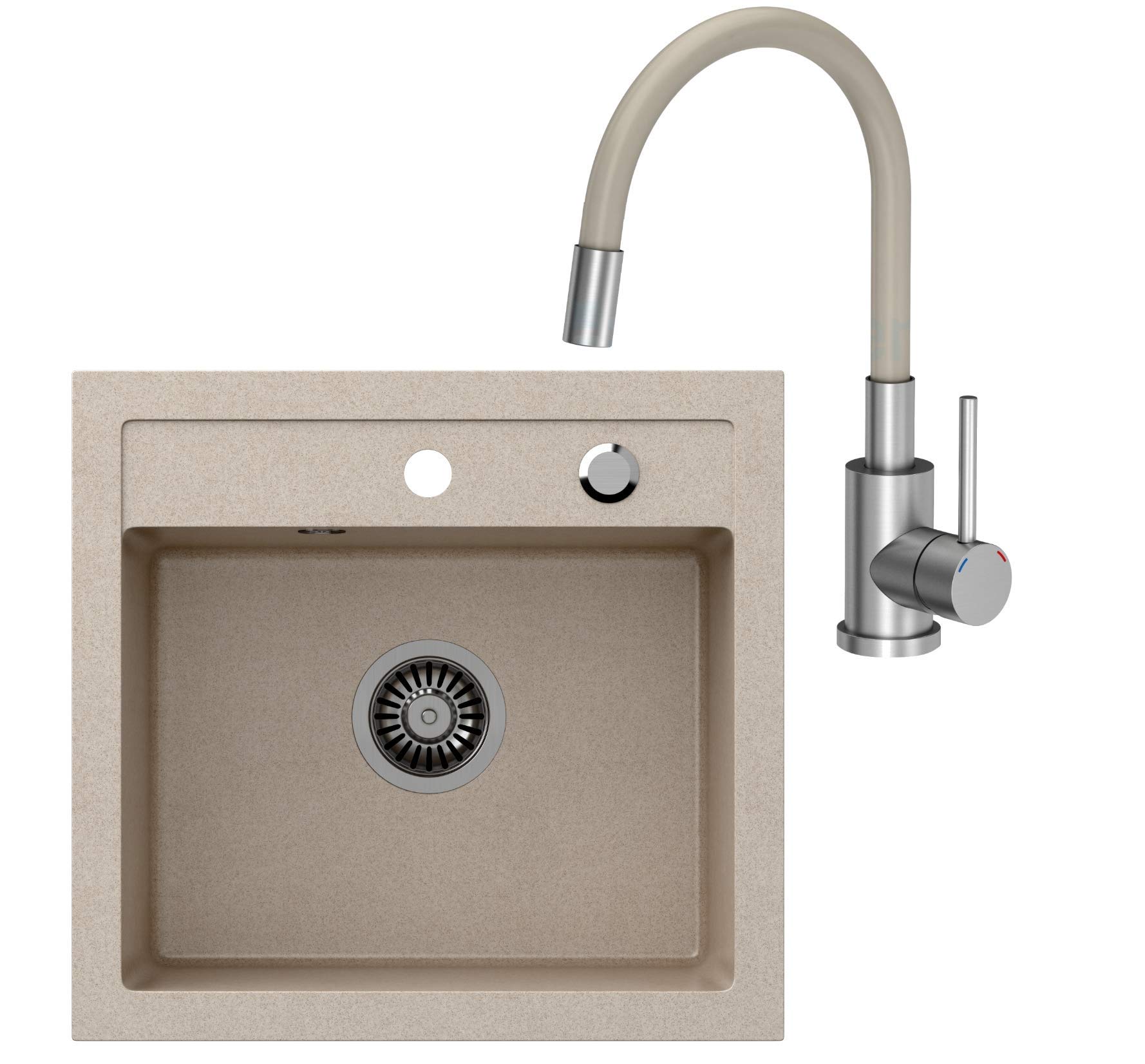 VBChome Fregadero de cocina con grifo de 50 x 47 cm, color beis, empotrable, con sifón
