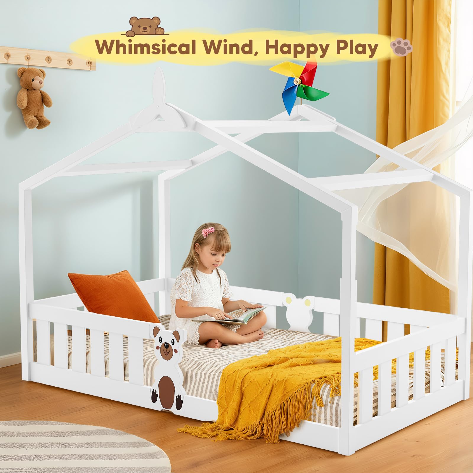 Cama Casa Infantil con Techo 205x95cm, Cama Montessori Blanca a RAS de Suelo en Madera Maciza Pino, Barreras de Seguridad, 100kg de Carga, Baja para Niños Pequeños