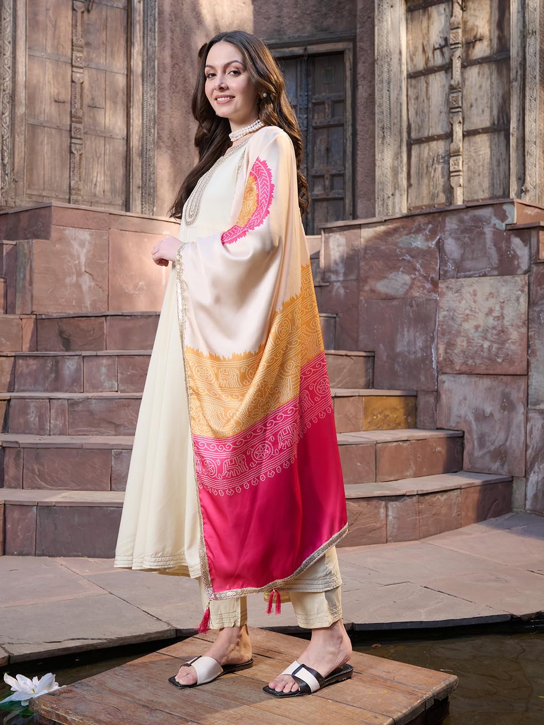 Stylum Women's Solid & Embroidered Rayon Anarkali Kurta Pant Dupatta Set (Kpdcreamutsa36_Cream, S)