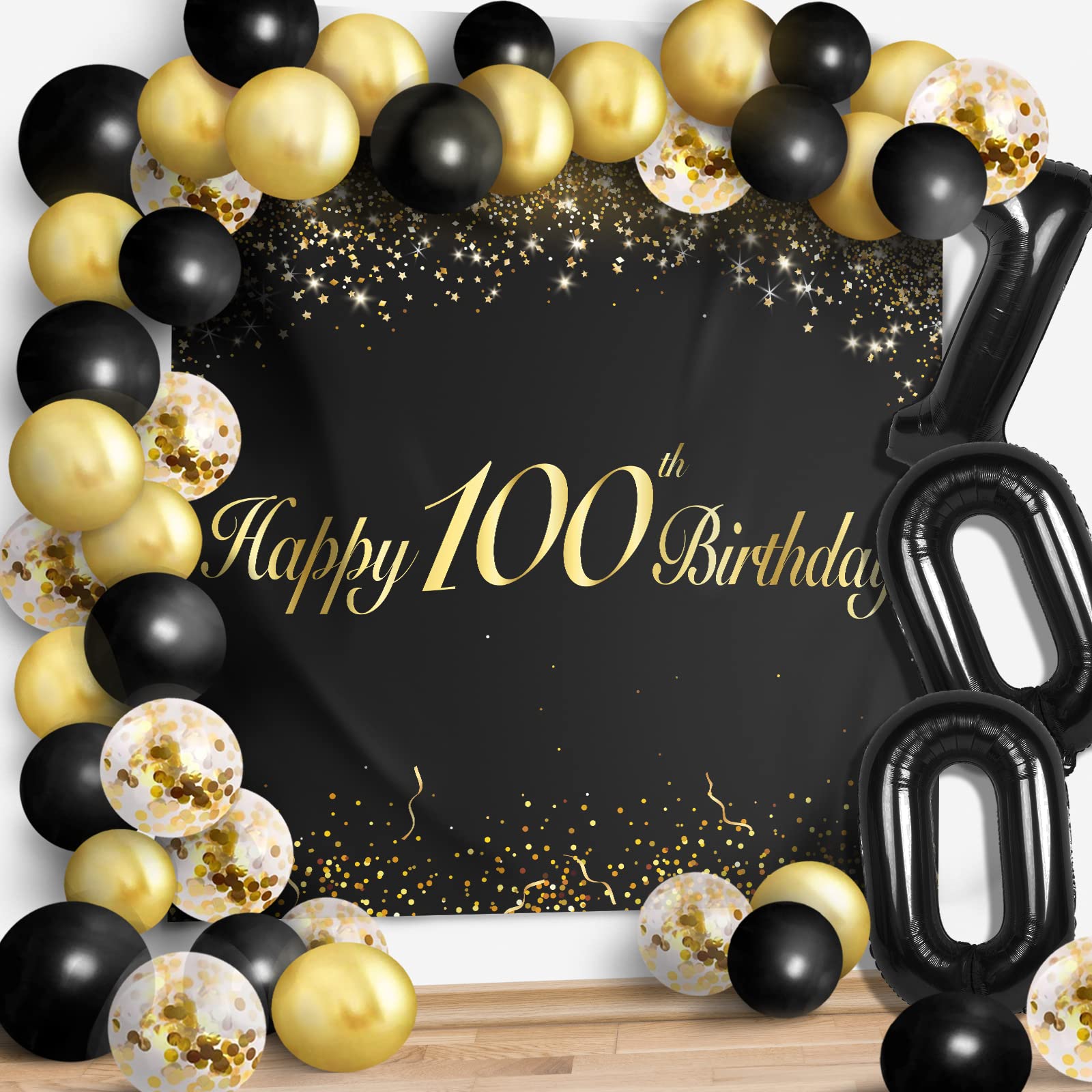 Happy 100th Birthday Balloons Black Set Decor - Cheers to 100 Years Old Party Theme Garland Banner Backdrop Decorations For Women and Men Supplies