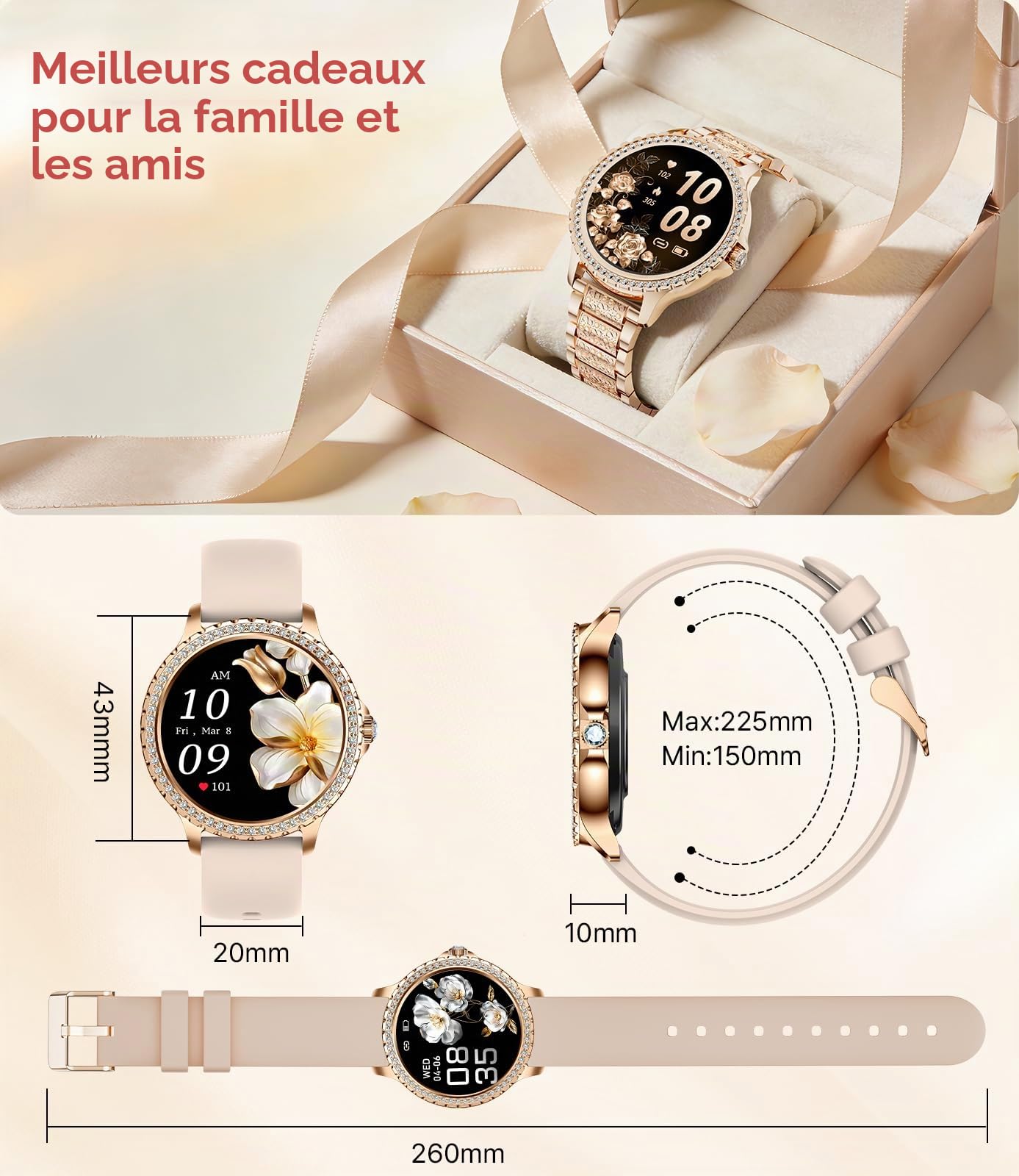 Élégante Montre Connectée Femme avec Diamant, 1.32" Smartwatch pour Android iOS, Cycle Menstruel/Sommeil/Fréquence Cardiaque, 500+ Cadrans, Appel Bluetooth, 2 Bracelets, Or Rose