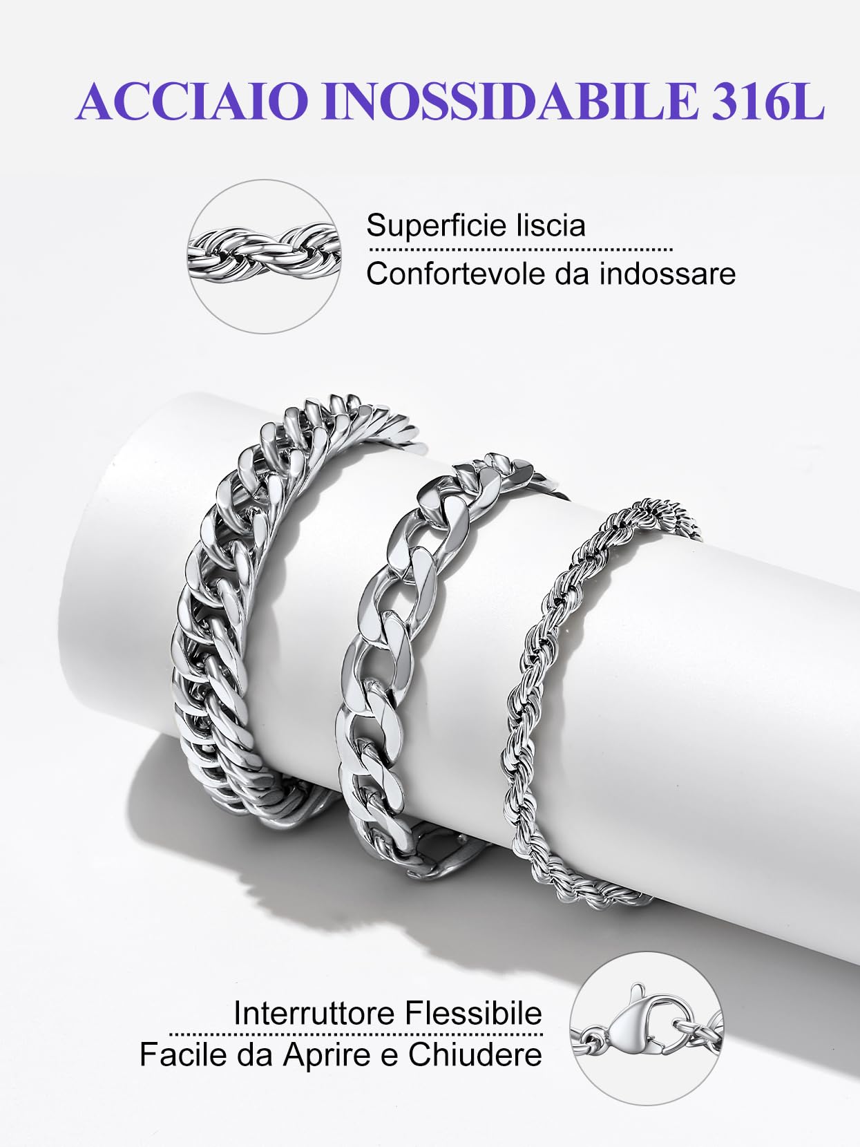 Richsteel Set di 2/3 Braccialetti in Acciaio Inox 316L di Alta Qualità Bracciale Uomo Argento Nero Oro Lunghezze 19cm 21cm 23cm Catena Cubana